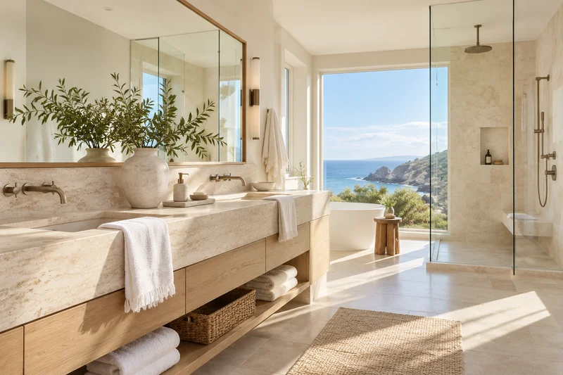 Illustrative sunlit bathroom with a pale stone vanity