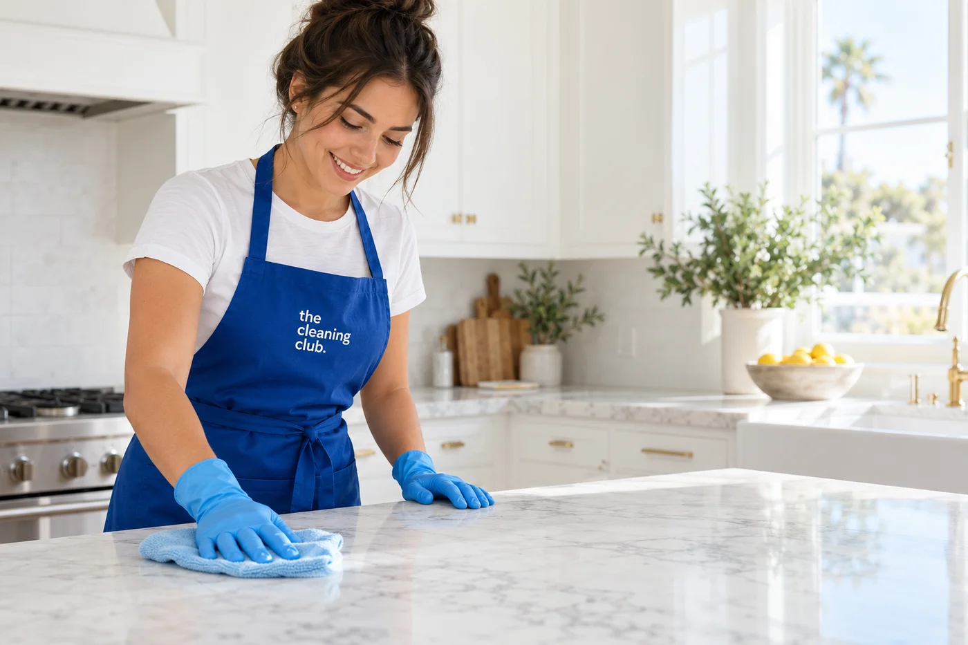 AI-generated illustrative cleaner wearing a blue Cleaning Club apron and wiping a bright kitchen counter