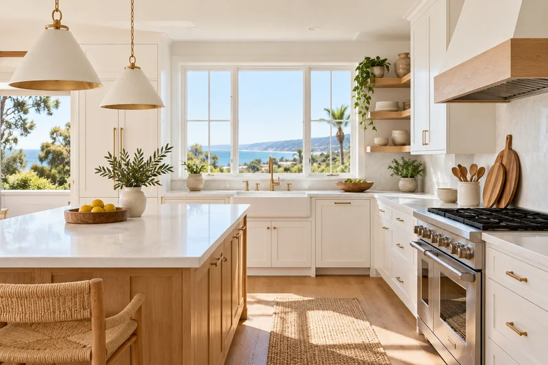 Illustrative white coastal kitchen with natural oak accents